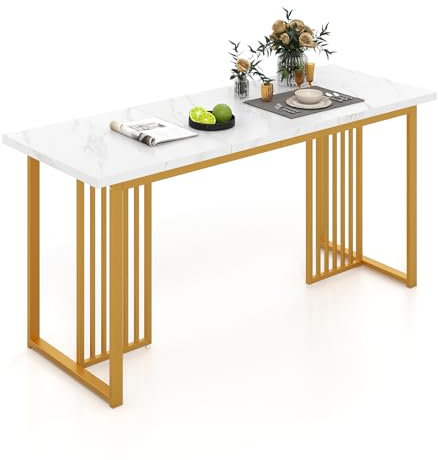 COSTWAY Esszimmertisch Holz, 160 x 60 cm, rechteckiger Küchentisch mit Marmoroptik & Metallbeinen, Esstisch für 6-8 Personen, großer Tisch für Esszimmer, Wohnzimmer, Restaurant, weiß+golden
