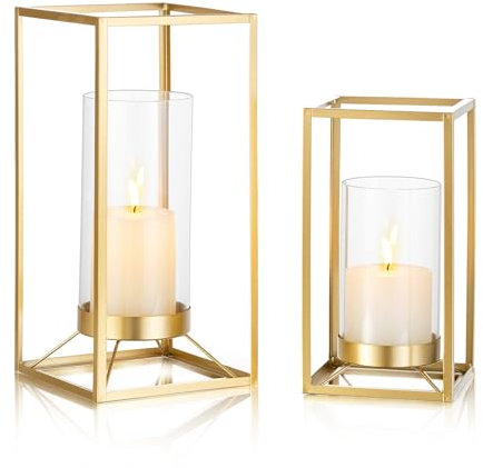 Staymoment Goldene Metalllaterne, dekorativ, 2er-Set mit Hurricane-Glas: Moderner Kerzenhalter im Bauernhaus-Stil, für Tischdekoration, Kamin, Kaminsims, Regal, 30,5 cm und 22,9 cm