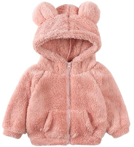 LUVCES Giacca Invernale Bambina Giacca in Pile Cappuccio Cerniera con Orecchie Orso Cappotti Autunno Caldi per Bambini Capispalla Rosa 18-24 Mesi