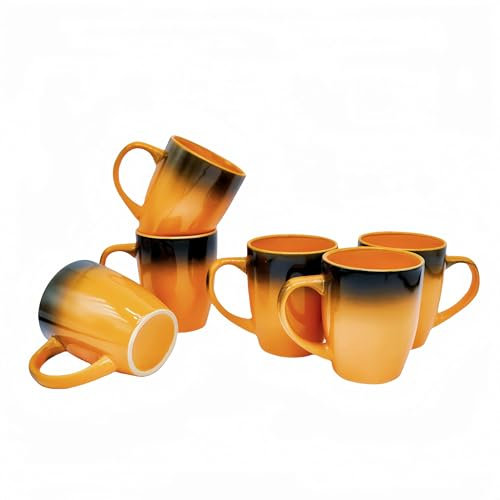 HOMD Coffee Cup Set 6-12oz Large Handle Ceramic Cup for Coffee, Soup, Tea, Milk, Latte, hot Cocoa, Ladies, Men-New Porcelain Mug Set (Orange)