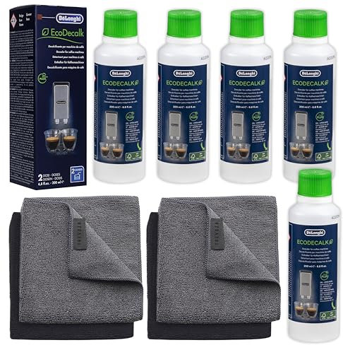 DeLonghi EcoDecalk 200ml Descaler (Pack of 5) with 4 Premium Microfibre Cloths (2 Black & 2 Grey) – Complete Trevuza Coffee Machine Cleaning & Descaling Kit for Delonghi Machines