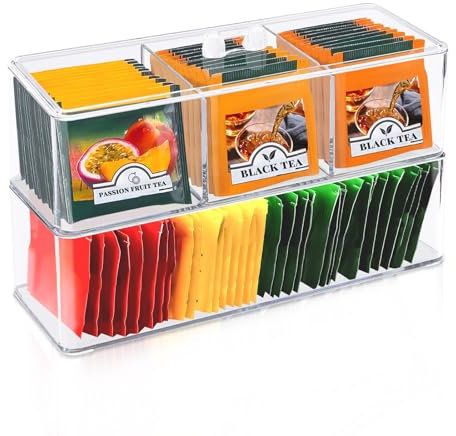 SHILIPAIJC 2 Stück Acryl Teebox, Stapelbar Teeboxen für Teebeutel Tee Aufbewahrung mit Deckel und Ablagefach, Tee Organizer Tee Aufbewahrungsbox für Kaffeepads Teebeutel Zuckerpäckchen (Transparent)