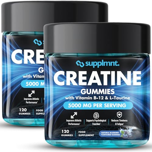 Supplmnt. Creatine Gummies 5000mg Lab-Tested 120ct Max Strength Muscle Growth/Recovery Supplements for Men & Women Creatine Monohydrate, B12 and L-Taurine Gummy, 2 Months Supply (Dual Pack, Blueberry)