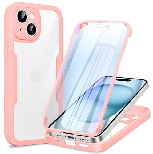 Phoona 360 degrés Coque pour iPhone 15 avec Transparent Protection d'écran, Silicone Antichoc écran Coque, Anti-Rayures Intégrale Étui Housse pour iPhone 15, Rose
