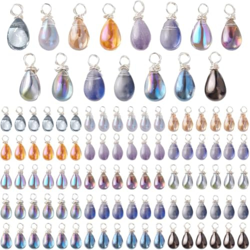 PH PandaHall 120pcs Crystal Dangle Charms 15 Colours Teardrop Charms | 14mm Transparent Glass Crystal Dangle Pendants Silver Wire Wrapped for Necklace Earring Bracelet Jewellery Making Crafts