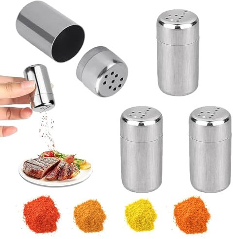 4 Stück Mini Salzstreuer 2.5 * 4.6cm Mit Deckel, Edelstahl Gewürzglas, Tragbar Gewürzstreuer mit Löchern für Unterwegs, Camping, Bento Box, Outdoor-Grill