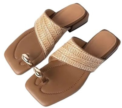 AMENGJ Pantoufles en Paille Sandales à Bout carré en Paille Respirante tissée en métal avec Semelle épaisse et Tongs(36)