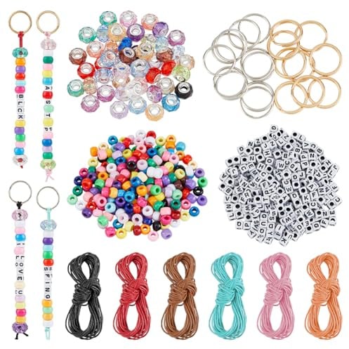 DICOSMETIC Kits de Fabrication de Porte Clés DIY Comprenant 550 pièces de Perles de Lettres en Acrylique Perles à Gros Trous Européennes 30m 6 Couleurs Cordon Ciré et 20 pièces 2 Couleurs Porte Clés