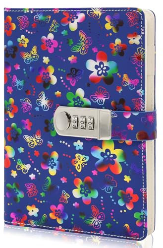 Mu Mianhua A5 Flower PU Leather Travel Journal Diary with Combination Lock Pen Holder A5 Diary Lock Notebook for Personal Daily Journaling Work Record