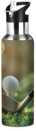 Mexpekil Golf Ball 600ml Insulated Water Bottle with Straw Lid Stainless Steel Thermos Bottle Vacuum Flask Leakproof Travel Sports Water Bottles for Running Cycling Hiking