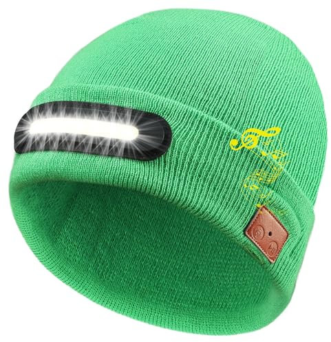 RANCOVY Bluetooth Beanie with Light, Musical Knitted Hat with Headphone and Built-in Speaker Mic, LED Beanie with Bluetooth for Men Women Green