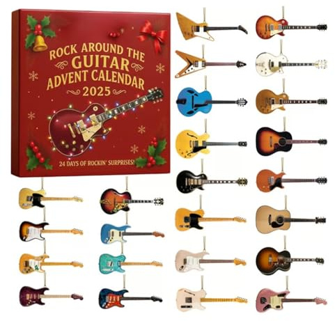 2025 Rock Around the Guitar Adventskalender, 24 Tage Weihnachts-Countdown, mit 24 Mini-Gitarrenornamenten, Rock and Roll Sammlerstück Urlaub, Geschenk für Musiker, Gitarrenliebhaber & Sammler