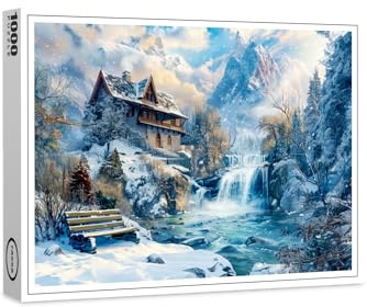 raxxa Premium-Puzzle | Mountain Cottage by Waterfall in Winter Illustration | 1000 Teile
