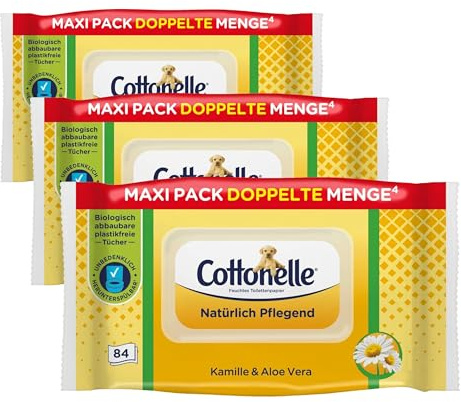 Cottonelle Feuchtes Toilettenpapier, Natürlich Pflegend - Kamille & Aloe Vera, Biologisch Abbaubar, Plastikfrei, Wiederverschließbar, 1 x 84 Feuchttücher (Einzelpack) (Packung mit 3)