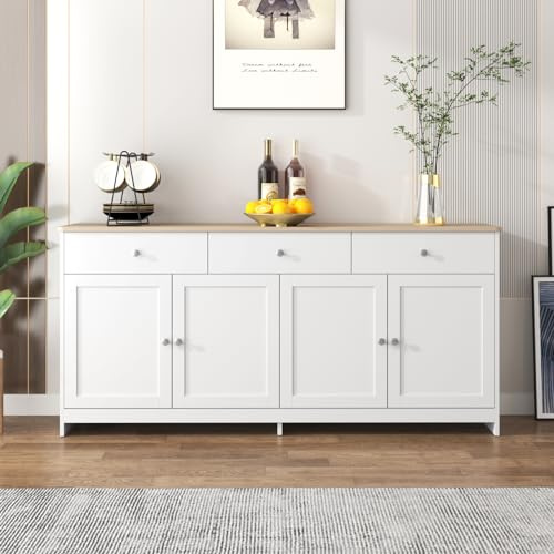 MASAJIA Moderne Anrichte mit 4 Türen, Küchenanrichte mit verstellbaren Regalen und 3 Schubladen, Aufbewahrungsmöbel, Kommode, Schlafzimmer, für Wohnzimmer, Esszimmer, skandinavischer Stil (weiß, 160 x