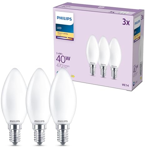 Philips LED Leuchtmittel, 3er-Pack, B35, E14, 470 Lumen, 40 W, Kerzendesign, Lange Lebensdauer, Warmweißes Licht 2.700 K, Mattierte Lampe