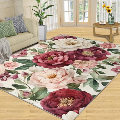 YXQAIED Pfingstrosen Teppich, Europäische Pfingstrosen Teppiche rutschfest Waschbar, Aquarellblumen Wohnzimmerteppich Schlafzimmer Jugendzimmer, 70x140 cm