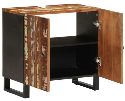 SKTQYQO Meuble lavabo 62 x 33 x 58 cm en bois massif récupération | 2 compartiments, pieds en fer, assemblage requis, lavabo non inclus