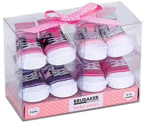 BRUBAKER - Chaussettes bébé - Lot de 4 Paires - Fille 0-12 Mois - Coffret cadeau Naissance/Baptême - Fun Sneaker/Baskets - Rose