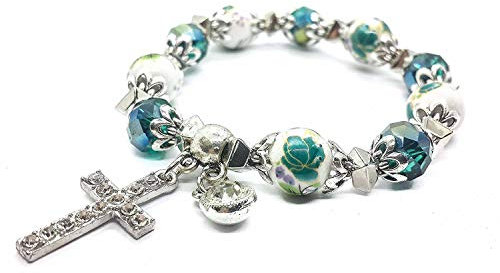 Nazareth Store Klassisches Christliches Perlenarmband mit Religiösem Kreuz und Grünen Kristallperlen - Ein Heiliges Geschenk für Teenager-Mädchen und Idealer Schmuck für Frauen und Männer