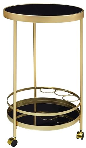 Wohnling Design Servierwagen Gold Rund Ø 45cm 2 Ebenen, Beistelltisch auf Rollen mit Glasplatte Schwarz Speisewagen, Küchenwagen, Teewagen