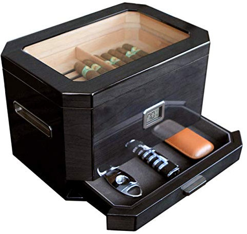 CASE ELEGANCE Großer Humidor aus Zedernholz, Schwarz, Octodor mit digitalem Hygrometer, Befeuchtungssystem und Zubehörschublade – kann für 50-100 Zigarren aufbewahrt werden