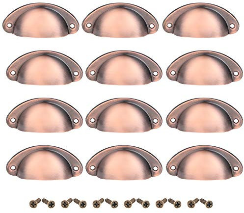 DRELD 12Pcs Retro Drawer Cabinet Door Handles, Shell Cup Pulls Cupboard Antique Furniture Brass Handles with 24Pcs Screws (Red Bronze Brushed)
