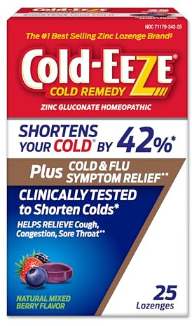 Cold-EEZE Plus Natural Mixed Berry Cold & Flu Zinc Lozenges, Multi-Symptom Relief, Homeopathic Cold Remedy, Reduces Duration of The Common Cold, Sambucus Nigra to Relieve Cold & Flu Symptoms, 25 Ct