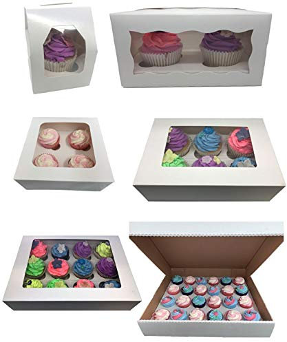 LARRYROO Windowed Cupcake Boxes for 1, 2, 4, 6, 12 & 24 Cup Cakes with Removable Trays (1, Holds 24)