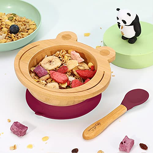 Vinsani Frog Bamboo Bowl and Spoon Set for Baby/Toddler, Frog Shaped Suction Bowl, Stay-Put Design, Hypoallergenic and BPA-Free (Red)