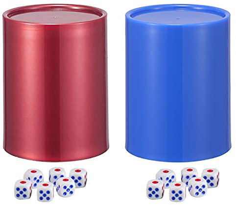 Lot de 2 tasses à dés en plastique avec 12 dés blancs - Bleu et rouge