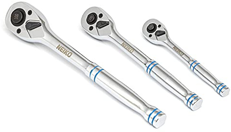 Neiko 03000A 100-Tooth Quick-Release Ratchet-Wrench Set, 1/4-Inch-, 3/8-Inch-, and 1/2-Inch-Drive Ratchets, 3.6-Degree Swing, CrMo Steel, 3-Piece Set