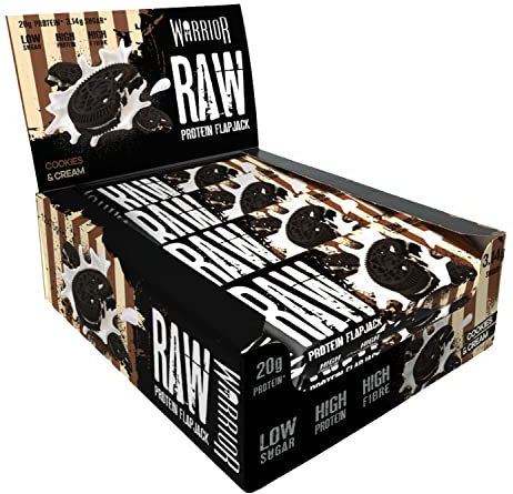 Warrior Raw Protein Bars – 12 x 75g Oat Bar Flapjacks – High Fibre, Low Sugar – Ideal Meal Replacement or Healthy Nutrition Energy Snacks – HFSS/GMP Certified – UK Made (Cookies & Cream)