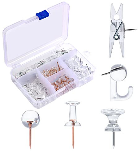 AIEX 125pcs Push Pins Set, Including Clear Plastic Push Pin Hook Pushpin Clip Push Pins Decorative Thumb Tacks with Stainless Steel Point Push Pins Bulletin Board Office Wall (5 Style), Transparent