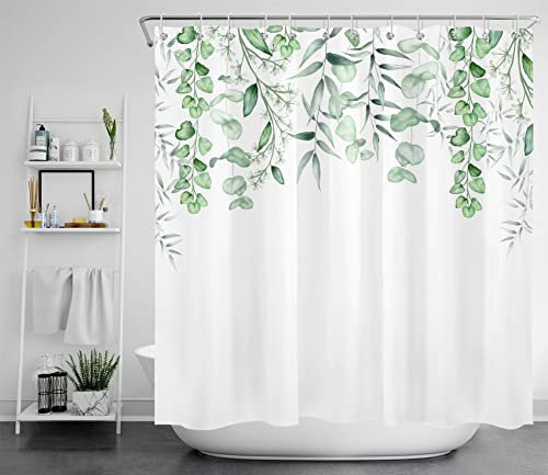 LB Grünes Blatt Duschvorhang 240x175cm Botanische Pflanze Antischimmel Wasserdicht Badezimmer Vorhänge, Aquarell Eukalyptus Extra Breit Polyester Stoff Bad Vorhang mit Haken