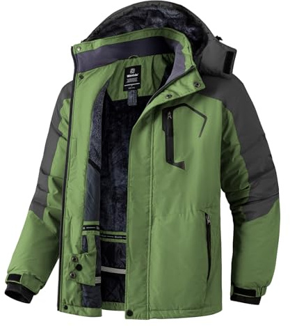 Wantdo Homme Veste de Ski Montagne Outdoor Manteau d'hiver Chaud avec Capuche Amovible Veste Imperméable Coupe-Vent Veste Randonnée pour Voyage Vert+gris-N L