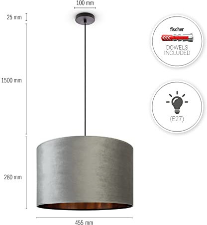 Paco Home Pendelleuchte Stehleuchte Dreibein Wohnzimmer Lampenschirm Velours Unifarben Deko Vintage Samt E27 Textilkabel, Farbe:Grau Kupfer (Ø45.5 cm), Leuchtenart/Farbe:Pendelleuchte - Schwarz