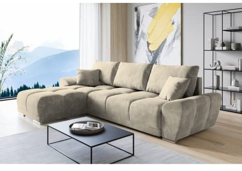 ML Furniture Velvet Ecksofa in L-Form – Creme2 Sofa – Couch mit Stauraum und Kissen - Ausziehbares Schlafsofa – Sofa mit Schlaffunktion - Schlafsofa mit Bettkasten – Gästebett – 289 x 189 cm