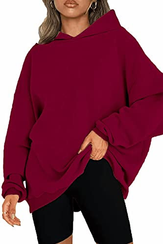 NEYOUQE Damen Pullover Herbst Einfarbig Loose Langarmshirt Damen Fleece Gefüttert Soft Casual Kapuzenpullover Damen Sweatshirt Rot M 40-42