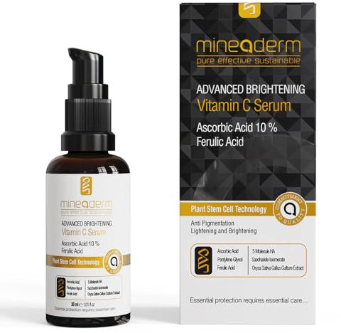 Mineaderm Advanced Brightening Vitamin C Serum mit 10% Ascorbinsäure und Ferulsäure – Antioxidatives Gesichtsserum für strahlenden Teint Feuchtigkeitspflege gegen Hautunebenheiten -30ml