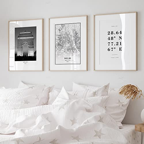 Dear Mapper Delhi India View Abstrakte Straße Moderne Karte Kunst Minimalistische Malerei Schwarz und Weiß Leinwand Linie Kunstdruck Poster Kunstdruck Poster Heimdekoration (Set von 3 ungerahmt) (30,5