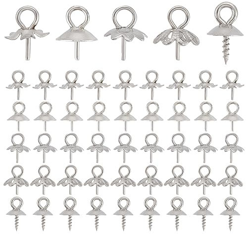 UNICRAFTALE 100 STK 5 Stil Edelstahl Augenstift Becher Klammerbügel Anhänger Blumen Perlenkappen Kleine Schraubbecher Perlenbügel Für Halbgebohrte Perlen Charms Schmuckherstellung