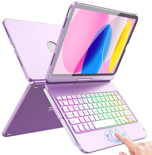 Fuwang Touch Rotatable Keyboard Case for 10.9'' iPad, Multi-Touch Backlit, Purple