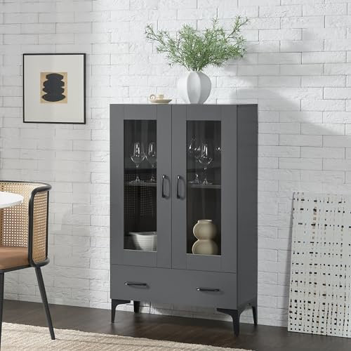 [en.casa] Armadio a Vetrata con 2 Scomparti e 1 Cassetto Credenza Libreria con Vetrina Armadio a 2 Ante in Vetro Trasparente Mobile Vetrinetta 115 x 70 x 31 cm Grigio Scuro