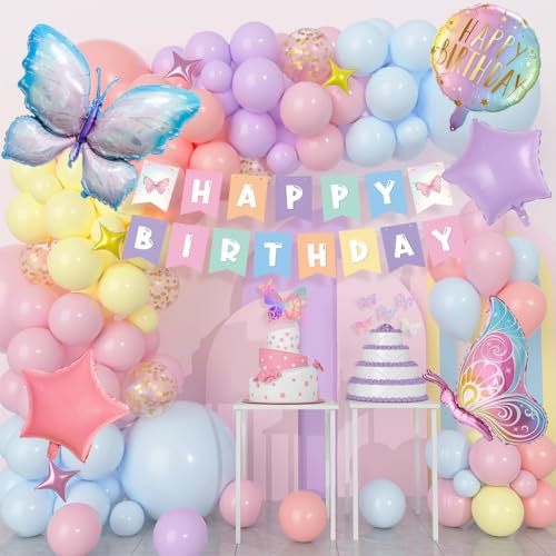 Geburtstagsdeko Mädchen, Schmetterlingsballon Geburtstagsdeko mit Happy Birthday Banner, Luftballon Girlande für Mädchen Geburtstag, Babyparty Dekoration