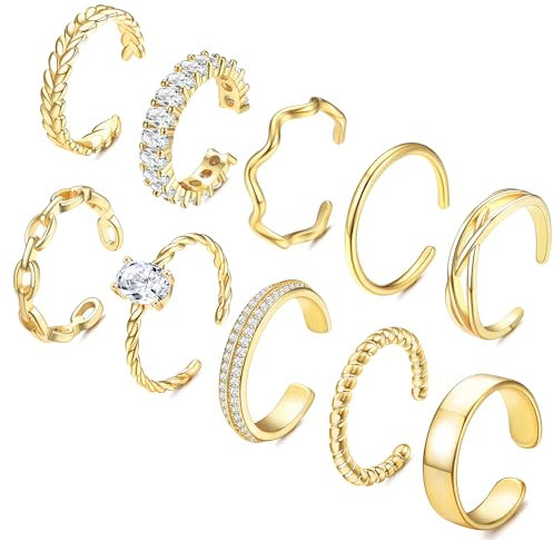 Adramata 10Pcs Bague Femme Or Bague Reglable Plaquées d'or 14 Carats Pouce Bague Empilables Or/Argent Alliance Femme Minimaliste Ouvertes Bagues de Déclaration de Doigt Boho Bague Argent Femme