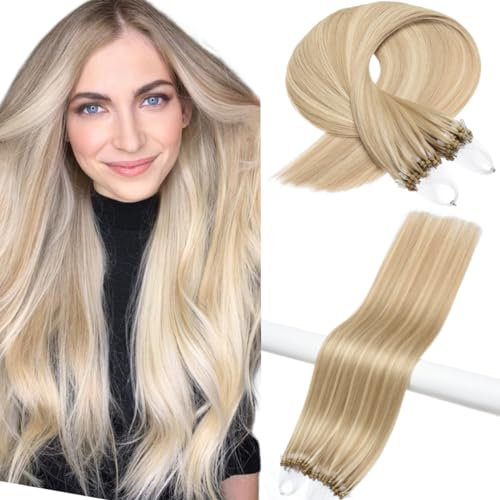 Kun Na Micro Loop Extensions Real Human Hair Bleach Blonde with Ash Blonde Multi-Colours Remy Straight Micro Beads Hair Extensions 50g/pack(22 inch, #18/613)