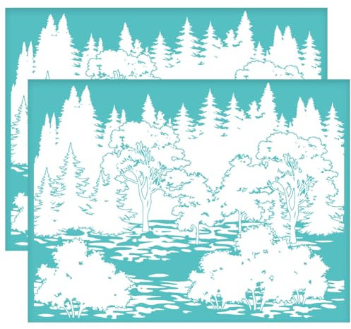 OLYCRAFT 2 Stück 28x22cm Kiefer selbstklebende Siebdruck Schablone Wald Baum Siebdruck Schablone Pflanze Thema Mesh Schablonen Transfer für Malerei auf Holz DIY T-Shirt Stoff