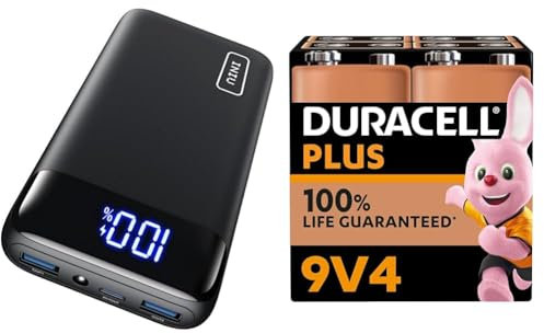 INIU Power Bank, 20000mAh Fast Charging Portable Charger, 22.5W Powerbank with USB C Input & Output & Duracell Plus 9V Batteries (4 Pack) - Alkaline - 100% Life Guarenteed