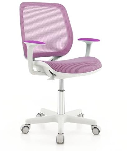 COSTWAY Kinder Schreibtischstuhl 360° drehbar, Sitzhöhe 43-55cm höhenverstellbar, Jugendstuhl ergonomisch mit Rollen, Drehstuhl Bürostuhl mit Rückenlehnen & Armlehnen für Kinder ab 6 Jahren (Lila)